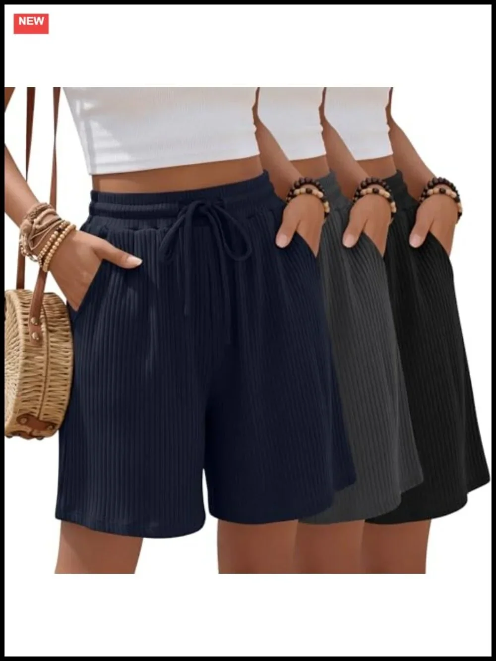 3 Pack Women's Bermuda Shorts Ribbed High Waisted Drawstring Lounge